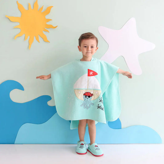Milk&Moo "Sailor Octopus" Kids Hooded Beach Towel Poncho | 100% Oeko-Tex Certified Velvet Cotton | Ages 4-6