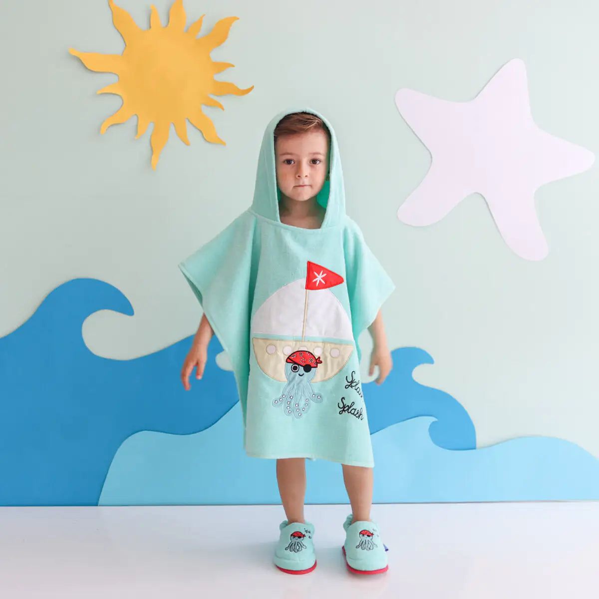 Milk&Moo "Sailor Octopus" Kids Hooded Beach Towel Poncho | 100% Oeko-Tex Certified Velvet Cotton | Ages 4-6